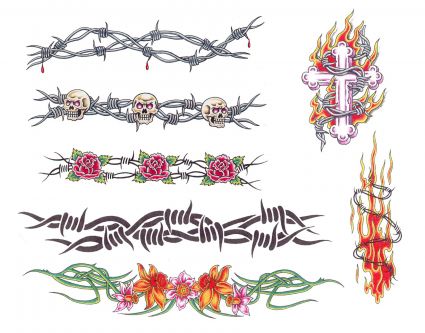 Tribal Skull And Flower Band Tattoo